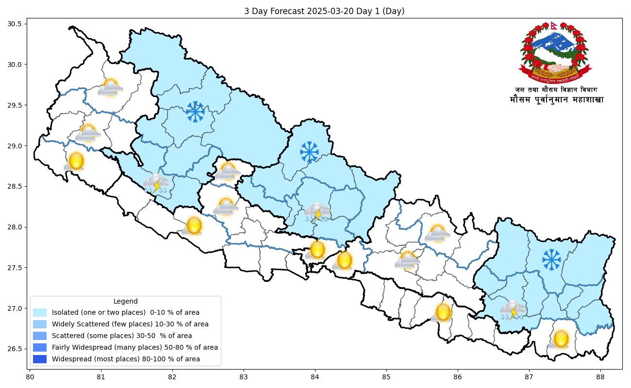 एकदुई स्थानमा हल्का हिमपात र वर्षाको सम्भावना